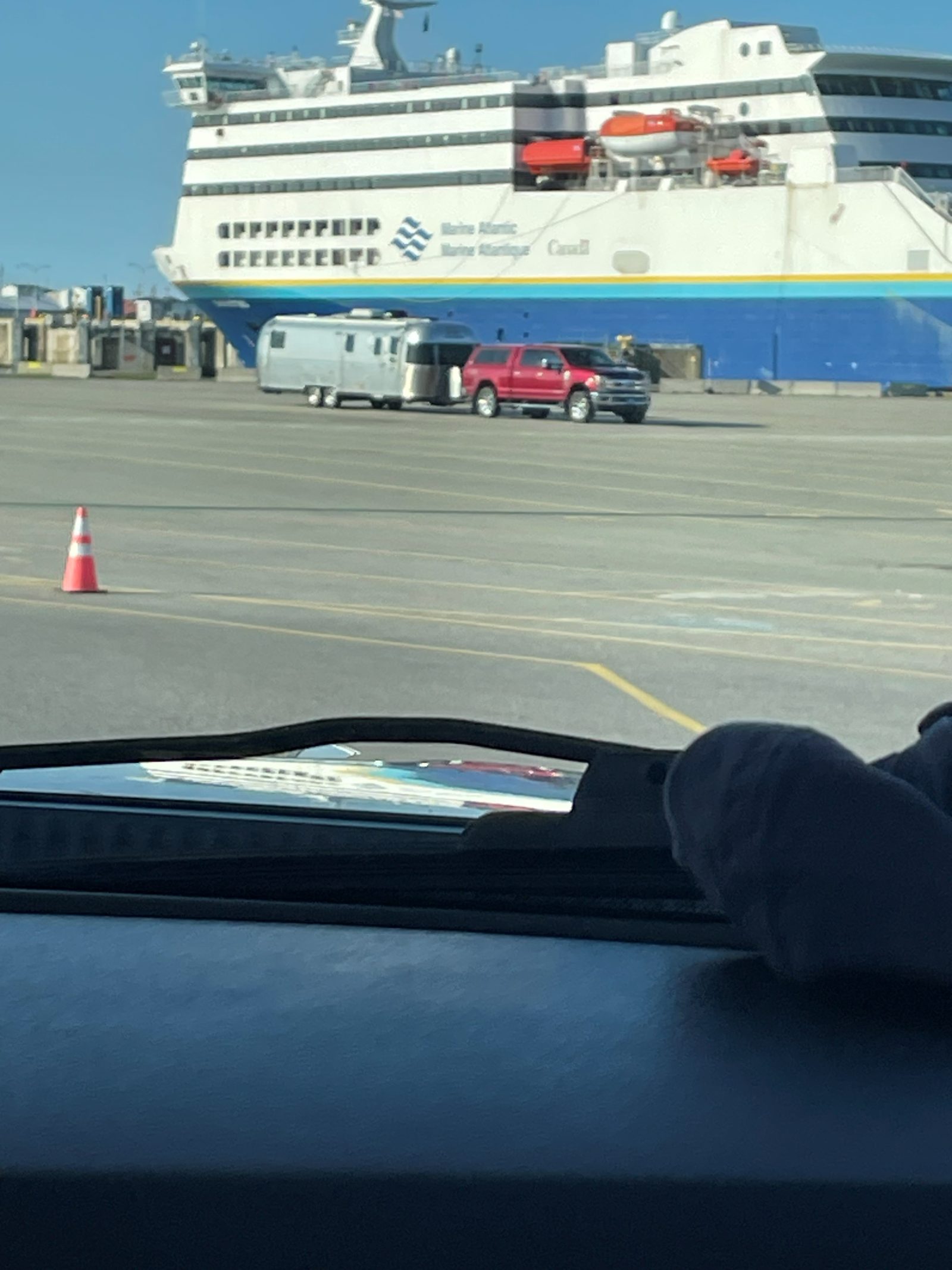 An Airstream and truck waiting to board the Marine Atlantic ferry