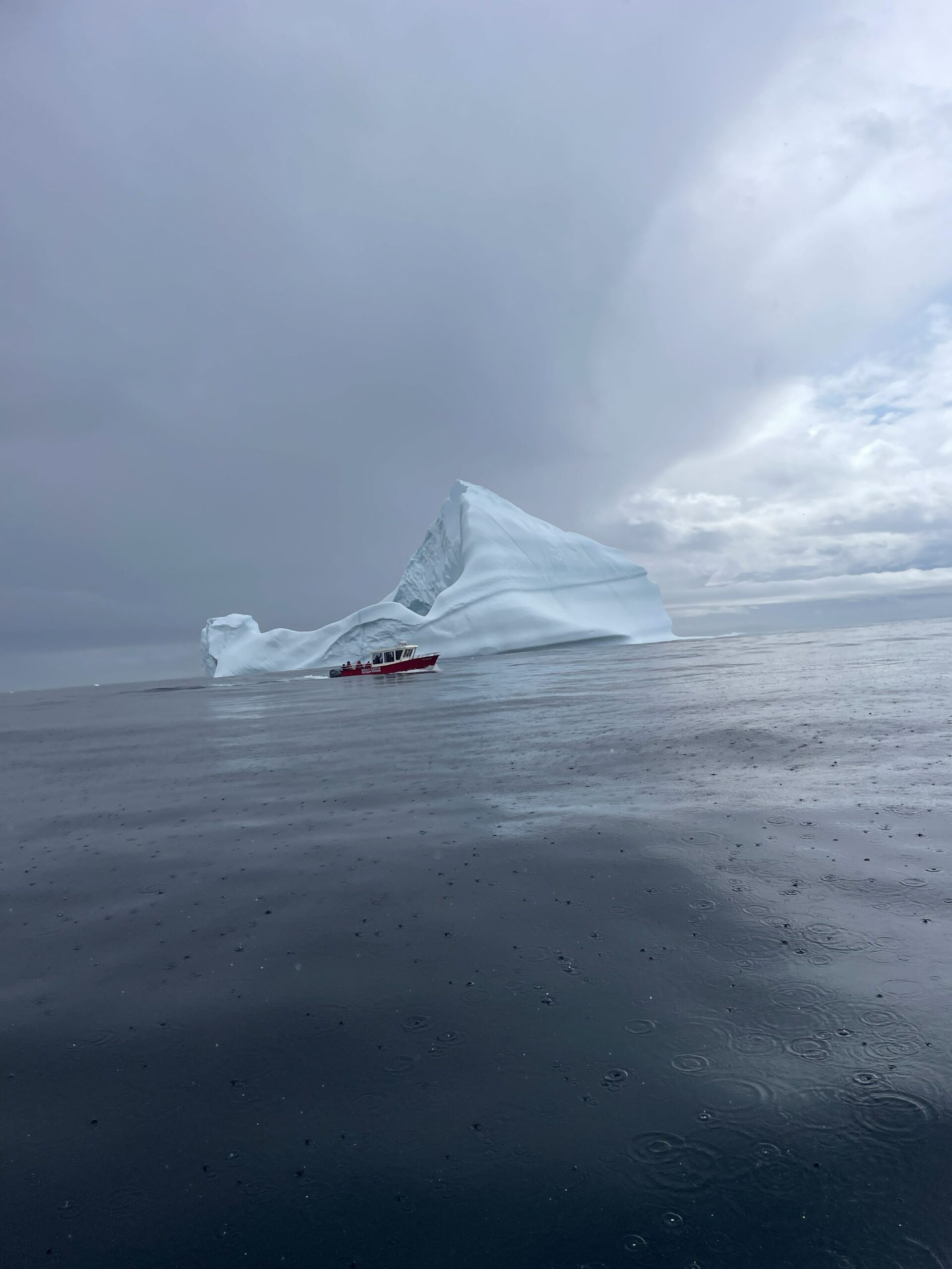 Tour boat beside a towering iceberg